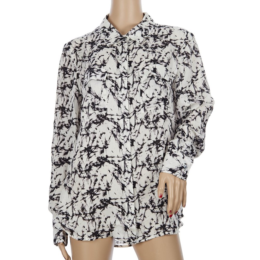 2OH Threads 100% Silk Black White Long Sleeve Blouse Large